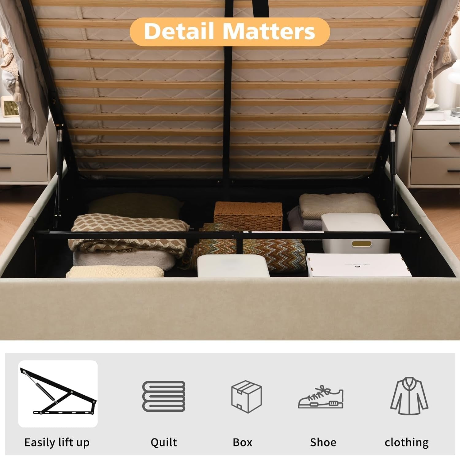 Queen Size Hydraulic Lift Storage Bed Beige Linen Upholstered-4
