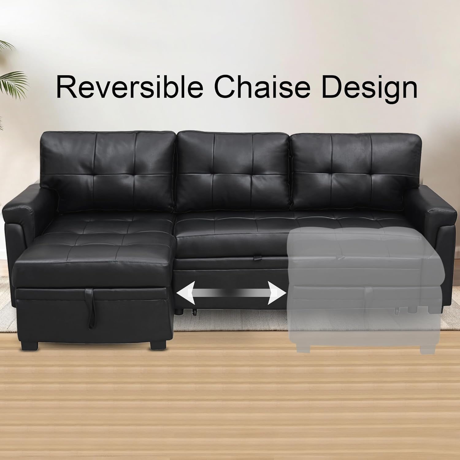 Sleeper Sectional Sofa Black Leather With Convertible Bed-3