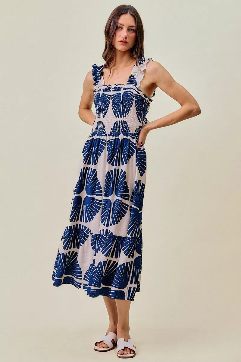 Abstract Print Smocked Bodice Tiered Lined Midi Dress-3