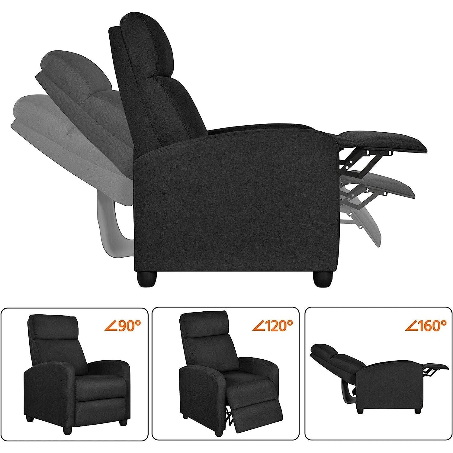 Fabric Push Back Recliner Chair Pocket Spring Matte Black-3