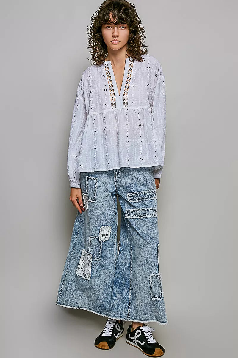 Lace Eyelet Long Sleeve Cotton Blouse-4