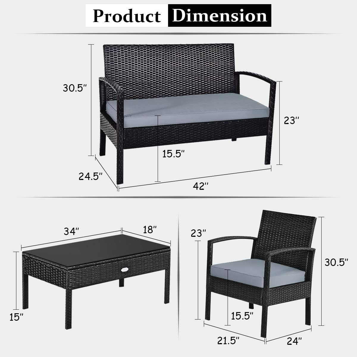 4 Piece Patio Rattan Furniture Set With Glass Coffee Table-1