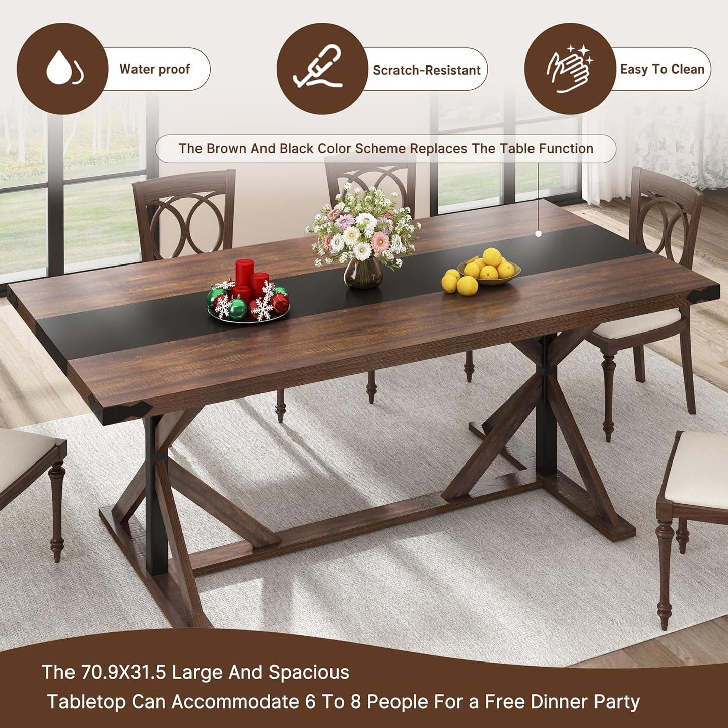 71 Inch Farmhouse Dining Table Waterproof Wood Grain Top-4