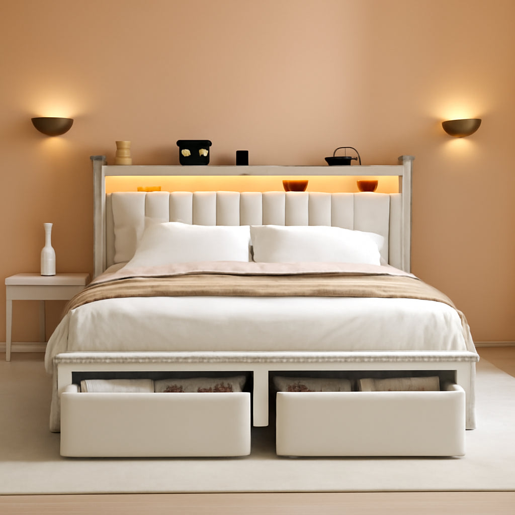 Beige Upholstered Headboard Storage Bed Frame Charging-0