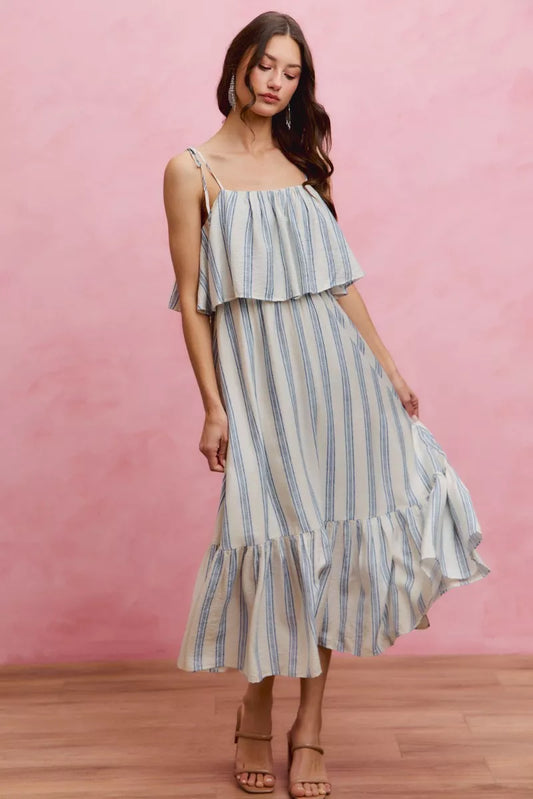 Stripe Tiered Shoulder Tie Midi Lined Dress-0