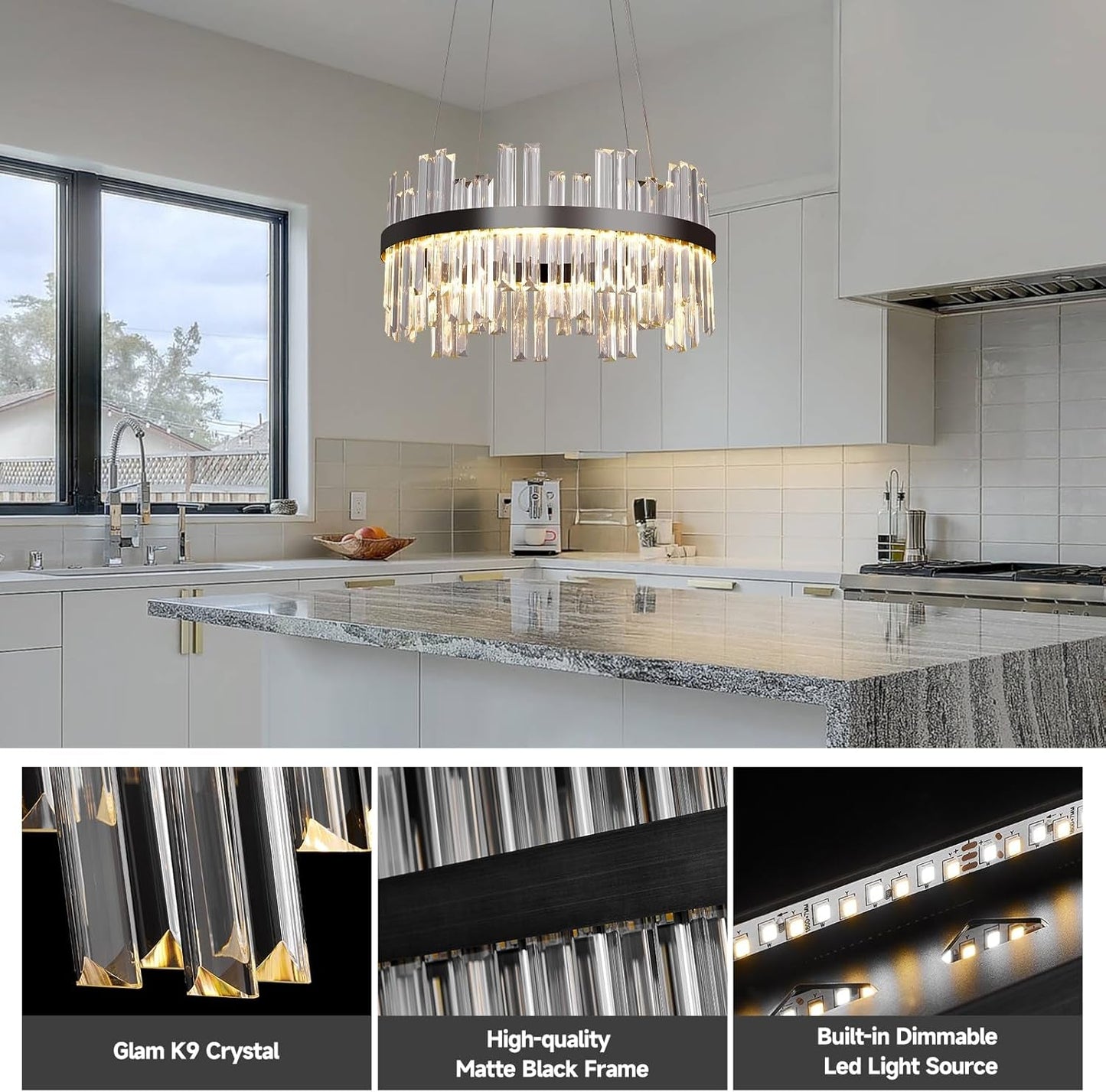Black LED Modern Crystal Chandelier, 19.7 Inch Round, 3 Color Dimmable-2