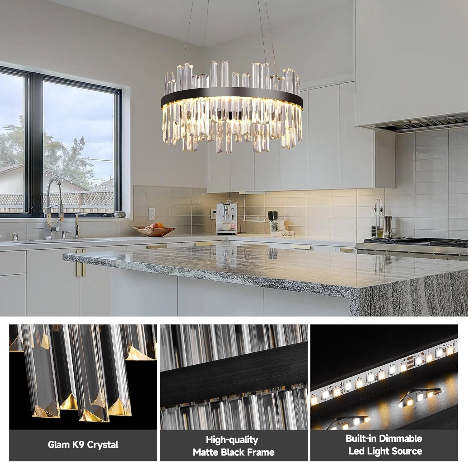 Black LED Modern Crystal Chandelier, 19.7 Inch Round, 3 Color Dimmable-2