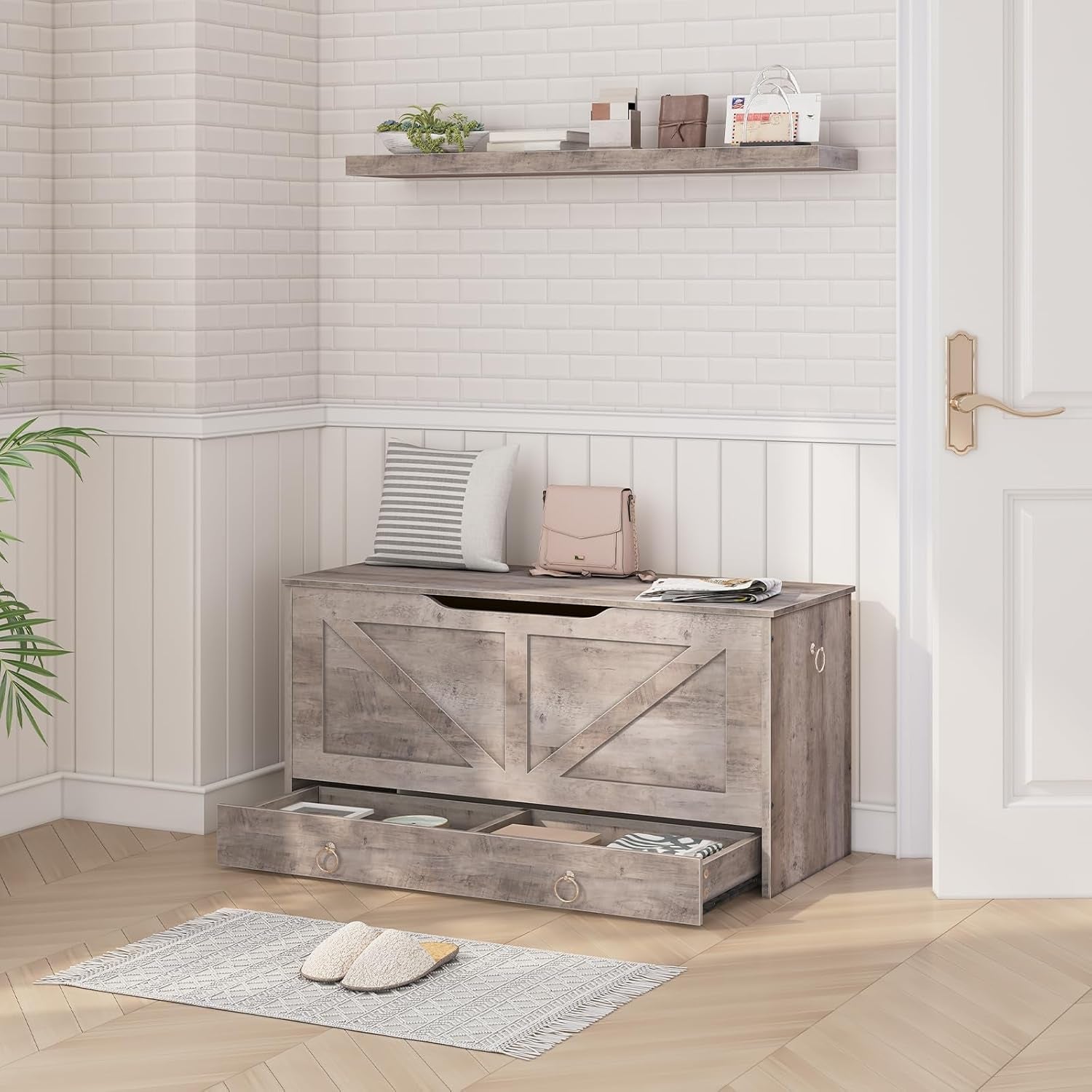 Greige Premium Quality Solid Wood Storage Bench Toy Chest-3