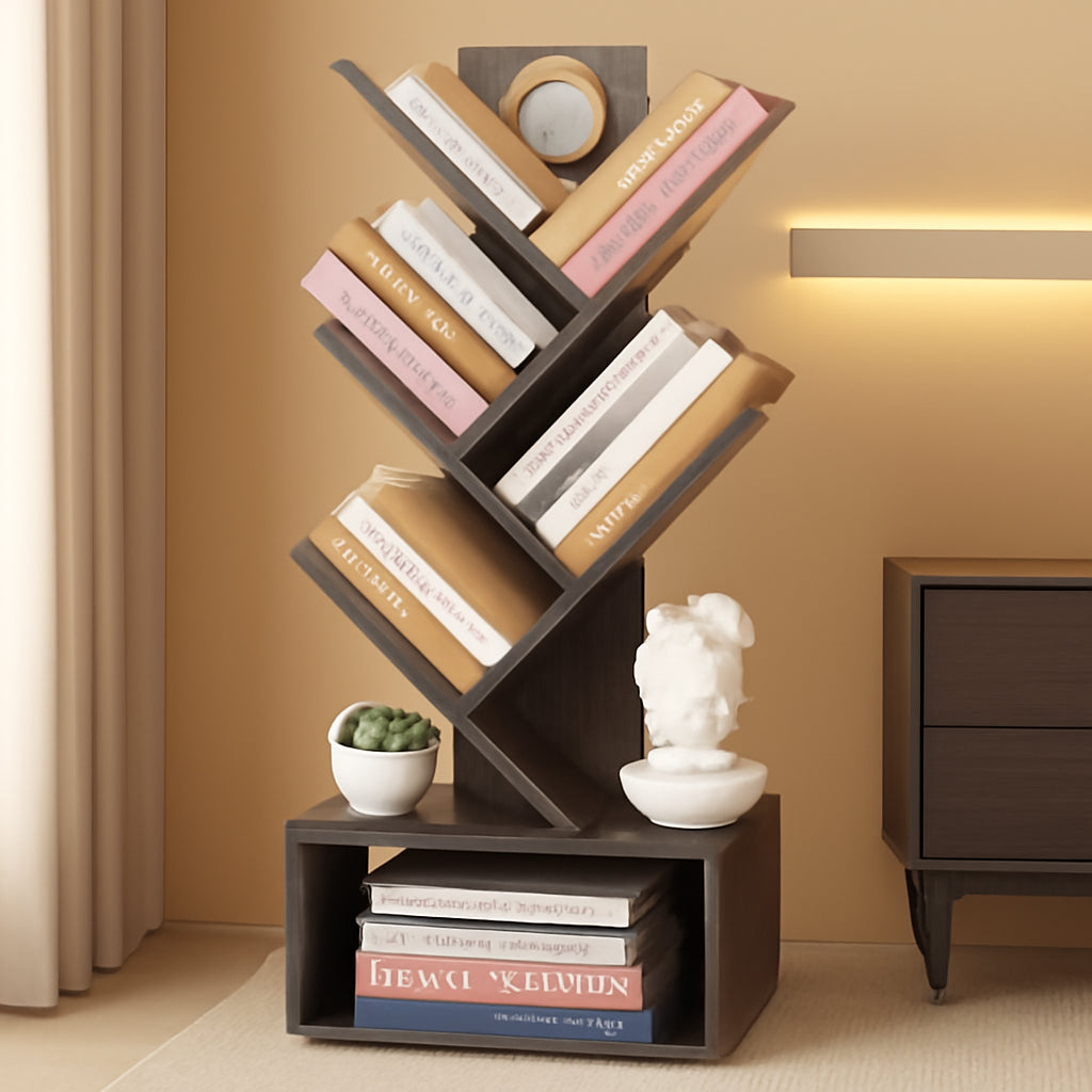 6 Tier Tree Bookshelf Bookcase With Drawer Grey Office-0