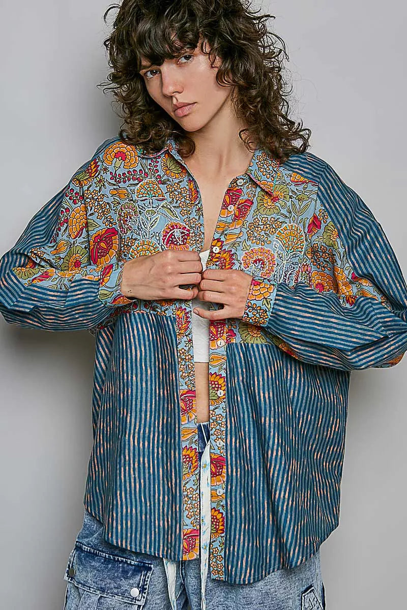 Patchwork Mixed Textured Paisley Floral Stripe Long Sleeve Shirt-3
