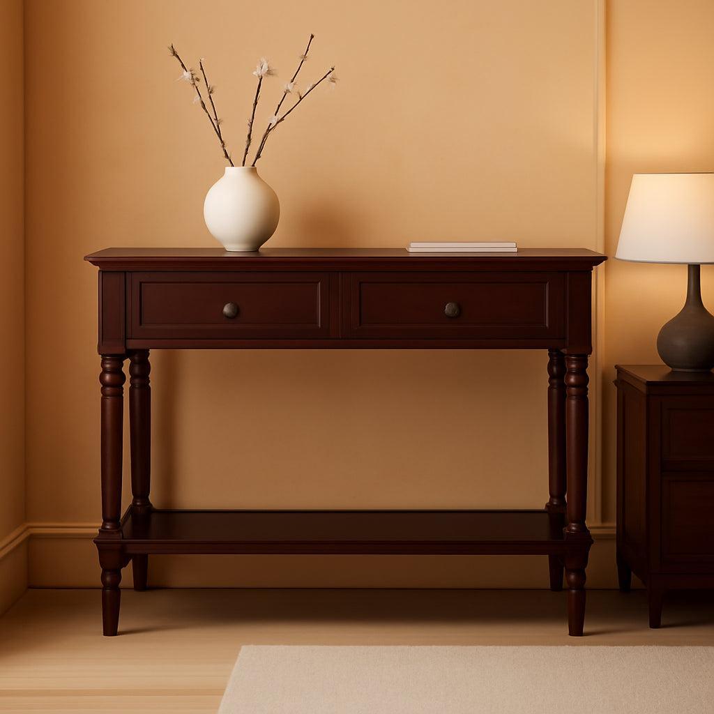 Dark Cherry Two Drawer Console Table Solid Pine Wood Finish-0