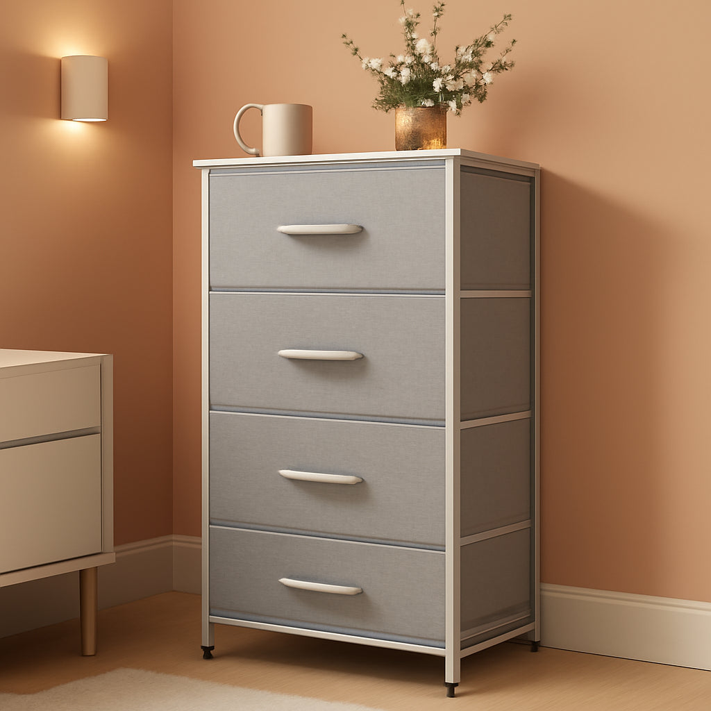 Light Grey Fabric 4 Drawer Dresser With Wood Top Storage-0