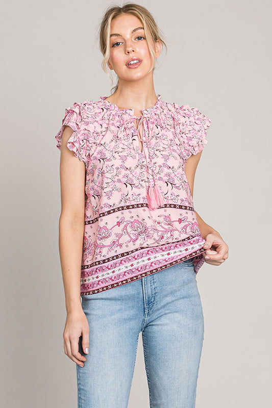 Cotton Bleu by Nu Lab Print Ruffle Sleeve Detail Blouse-0