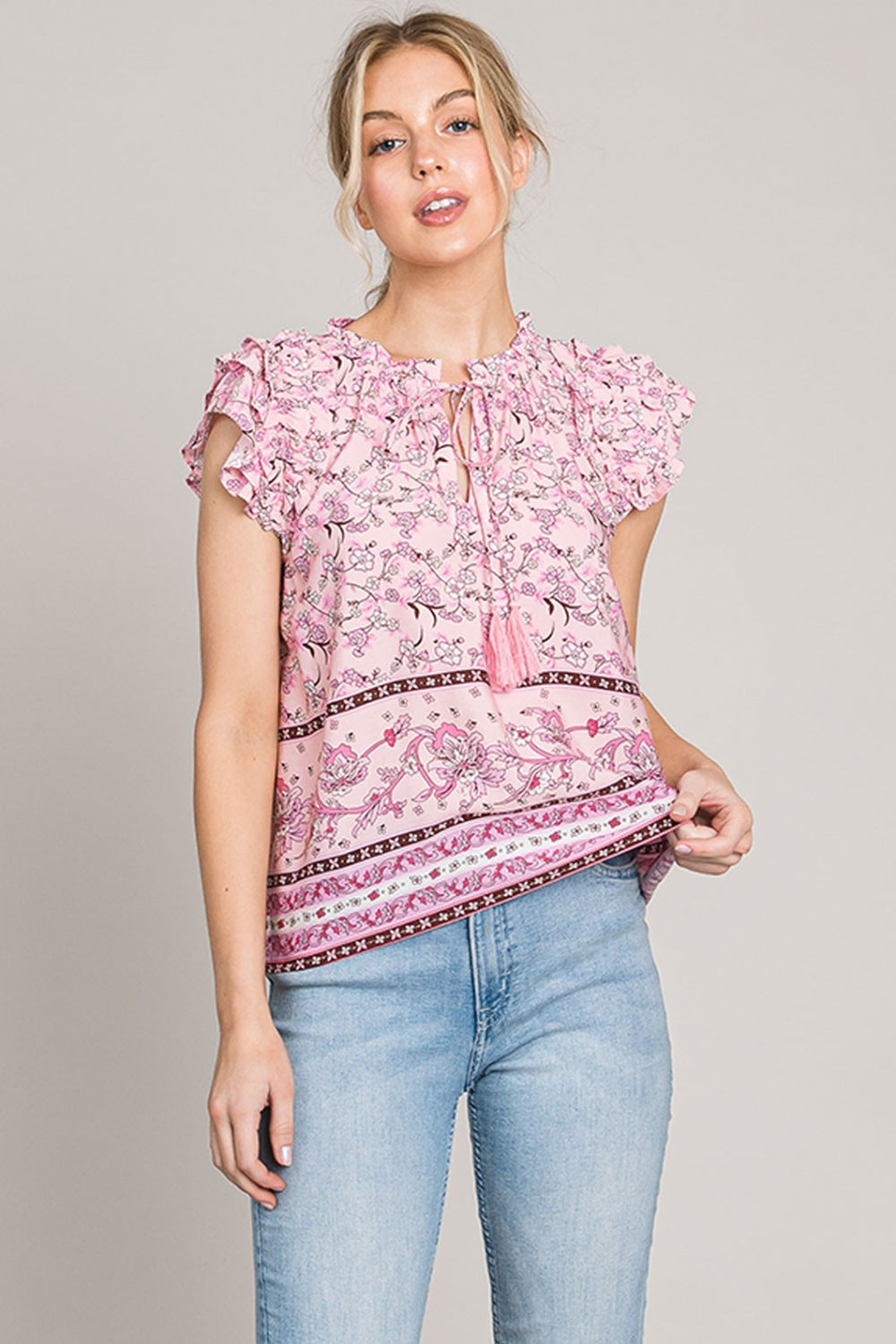 Cotton Bleu Ruffle Sleeve Blouse