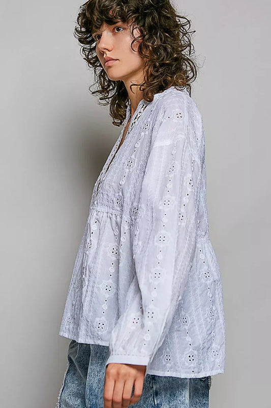 Lace Eyelet Long Sleeve Cotton Blouse-1