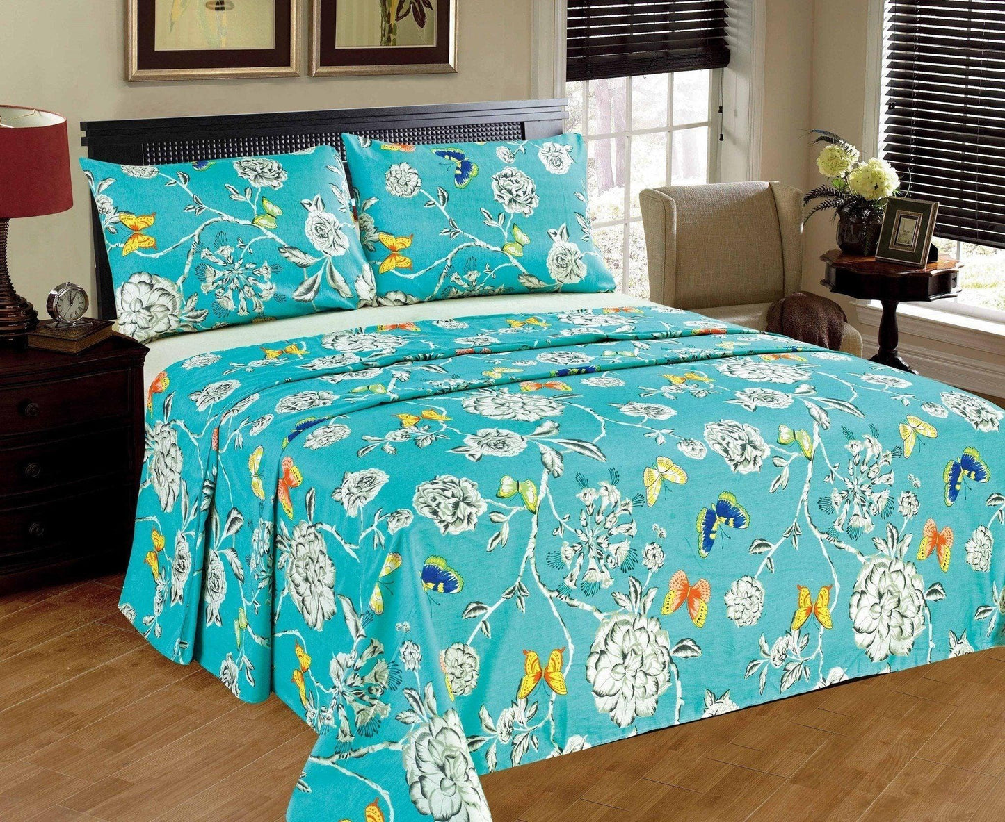Tache 2-3 PC Cotton Butterfly Wonderland Blue Floral Colorful Girly Flat Sheet Set