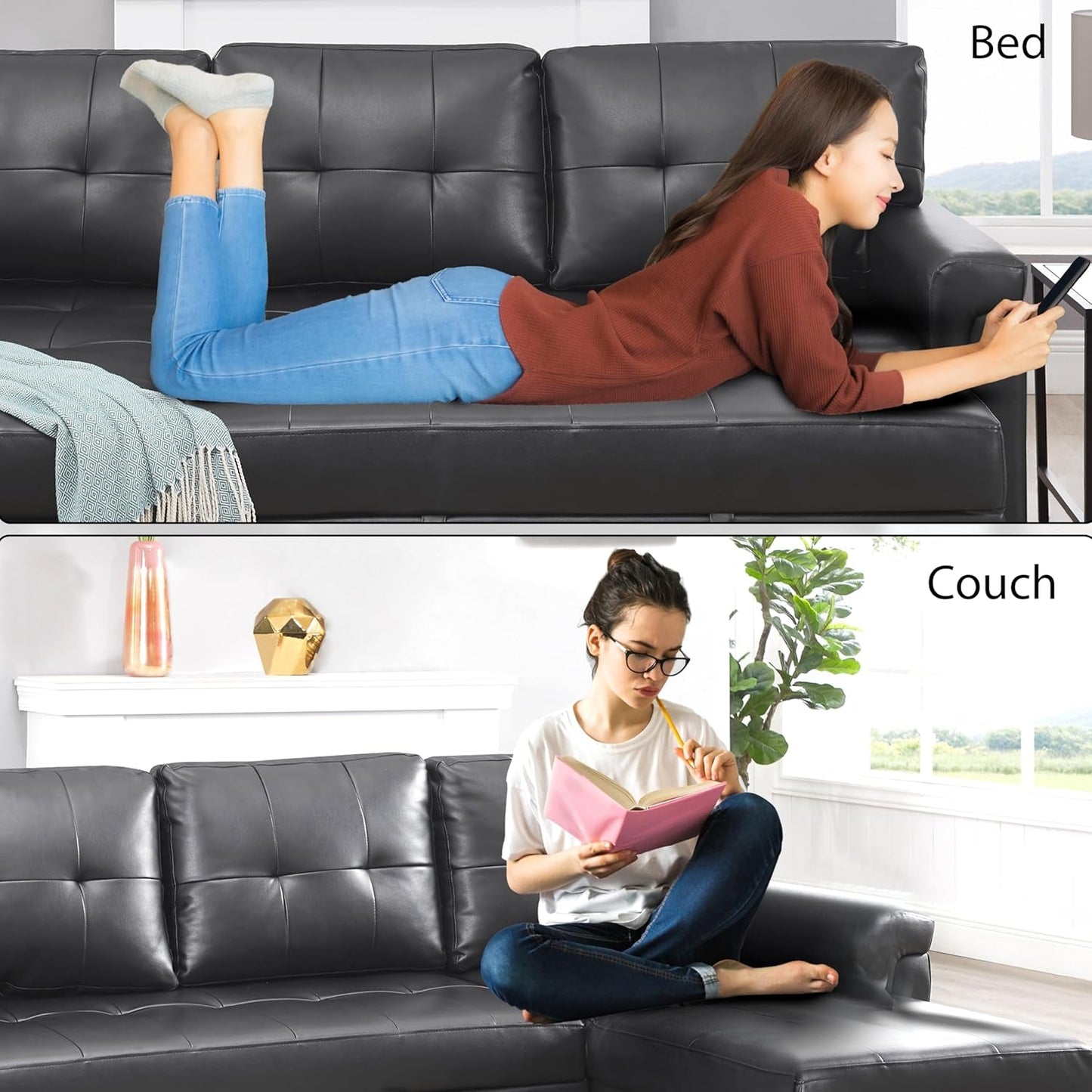 Sleeper Sectional Sofa Black Leather With Convertible Bed-4