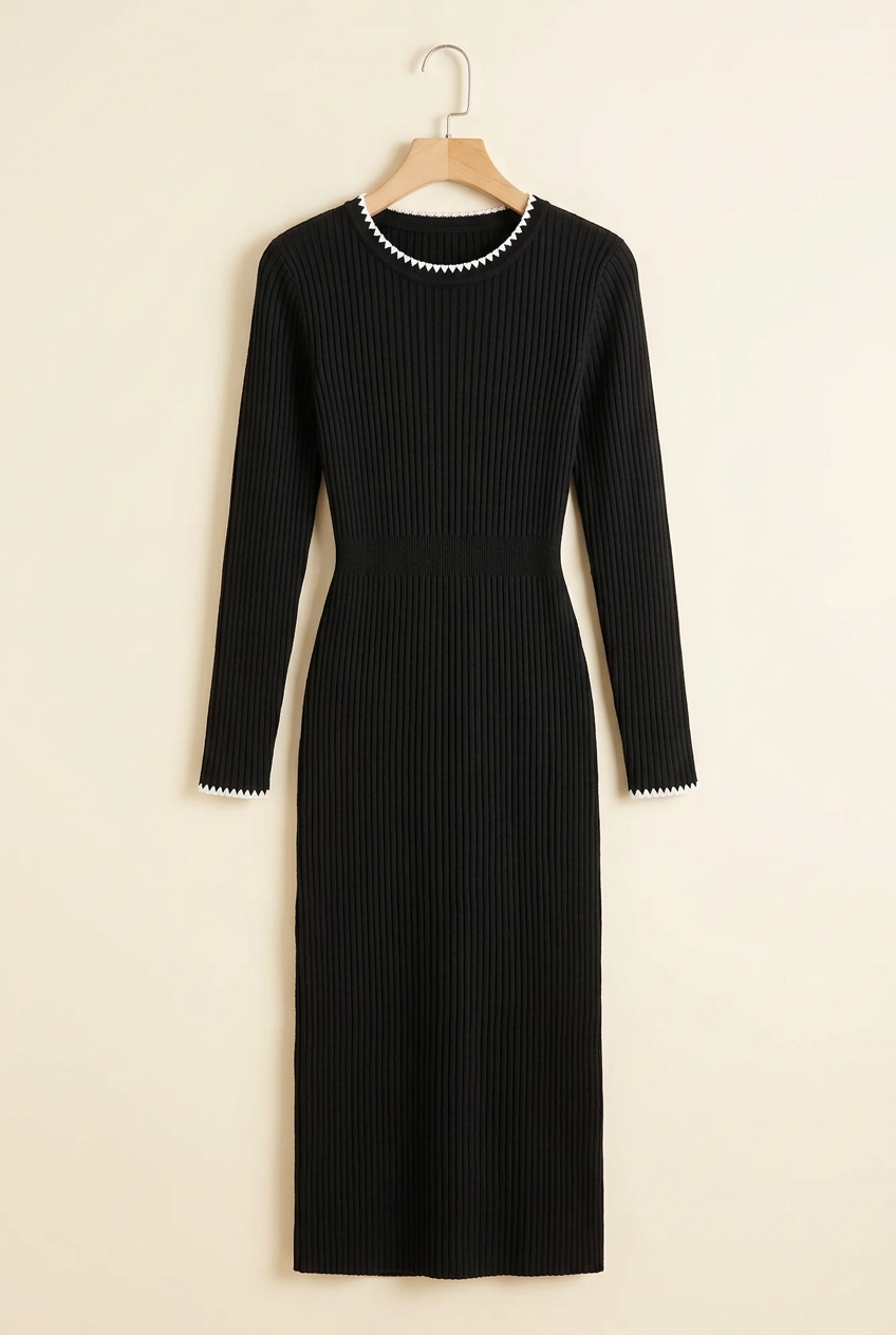 Scallop Trim Ribbed Knit Midi Dress