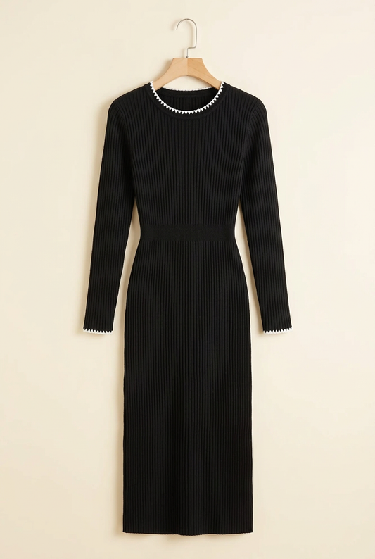 Scallop Trim Ribbed Knit Midi Dress