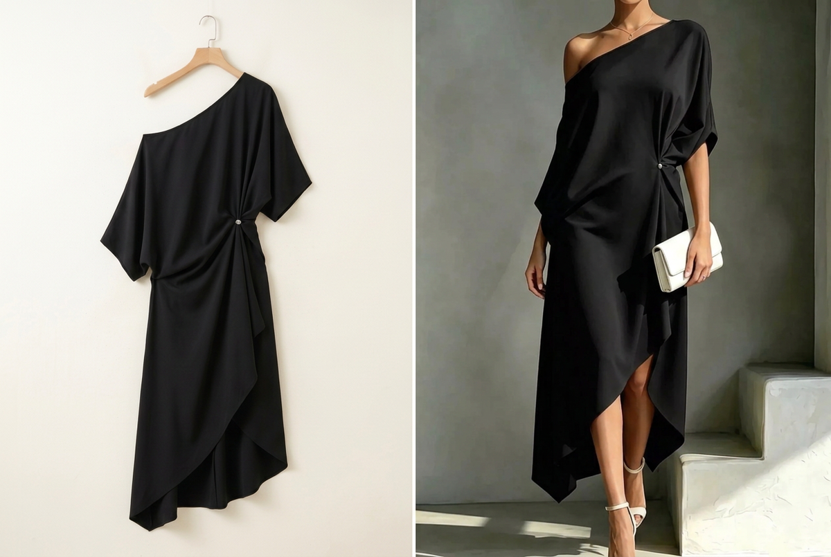 One-Shoulder Ruched High-Low Midi Dress
