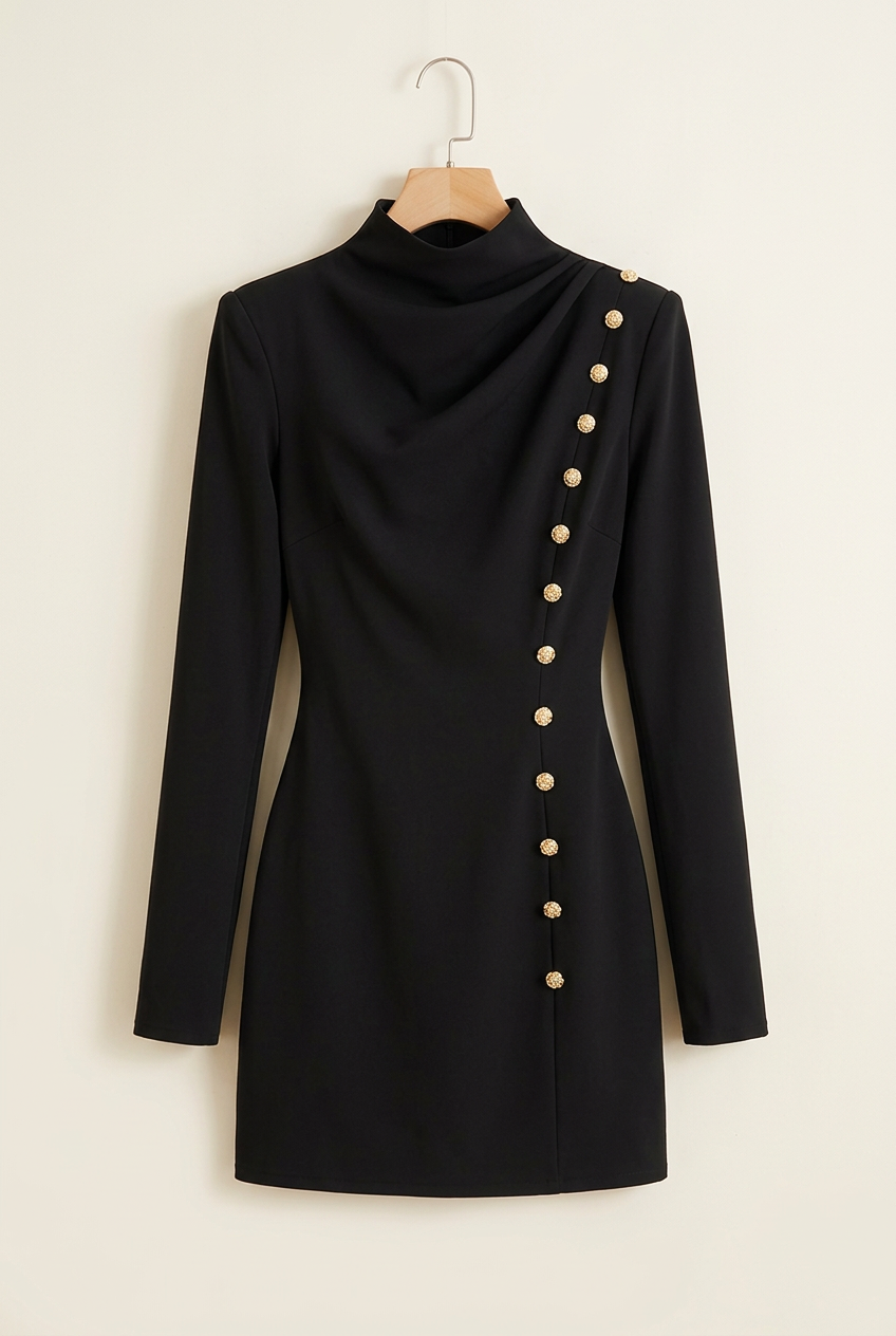Gold Button Draped Mock-Neck Mini Dress