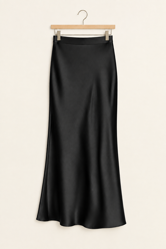 Black satin midi skirt on a hanger