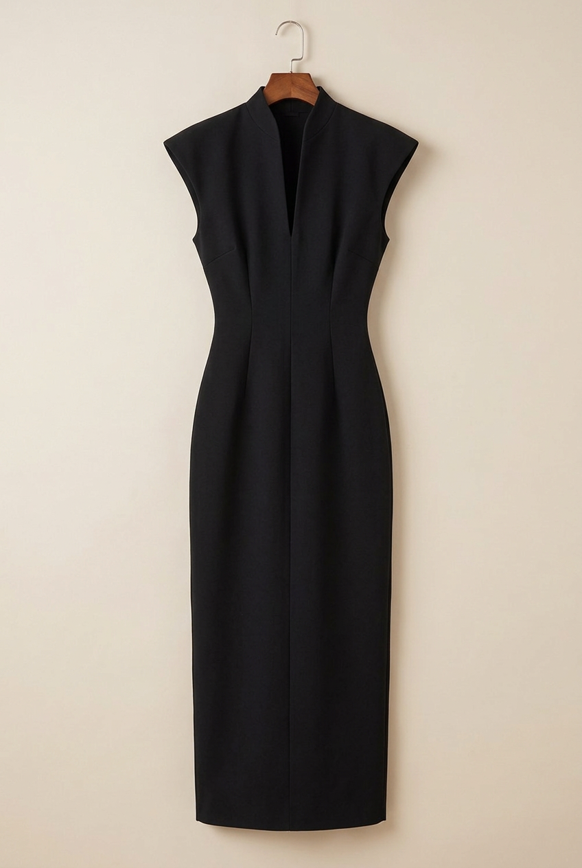 Sculpted Shoulder Split-Neck Midi Dress