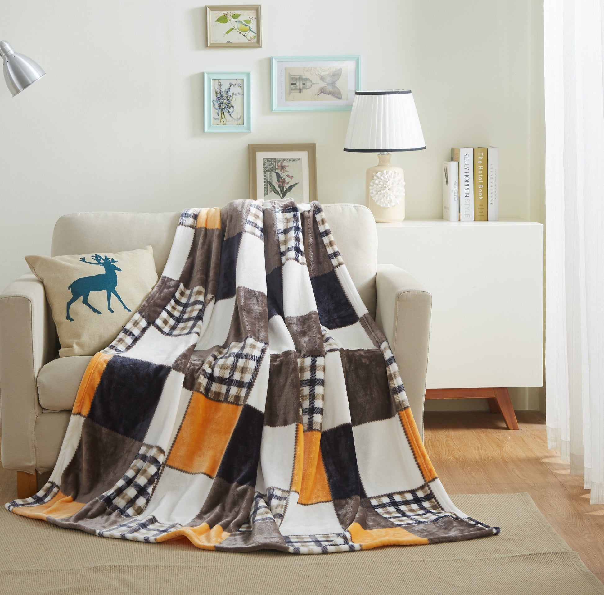 Tache Fall Orange Farmhouse Super Soft Micro Fleece Plaid Patchwork Plush Lightweight Bed Throw Blanket (4021)-0