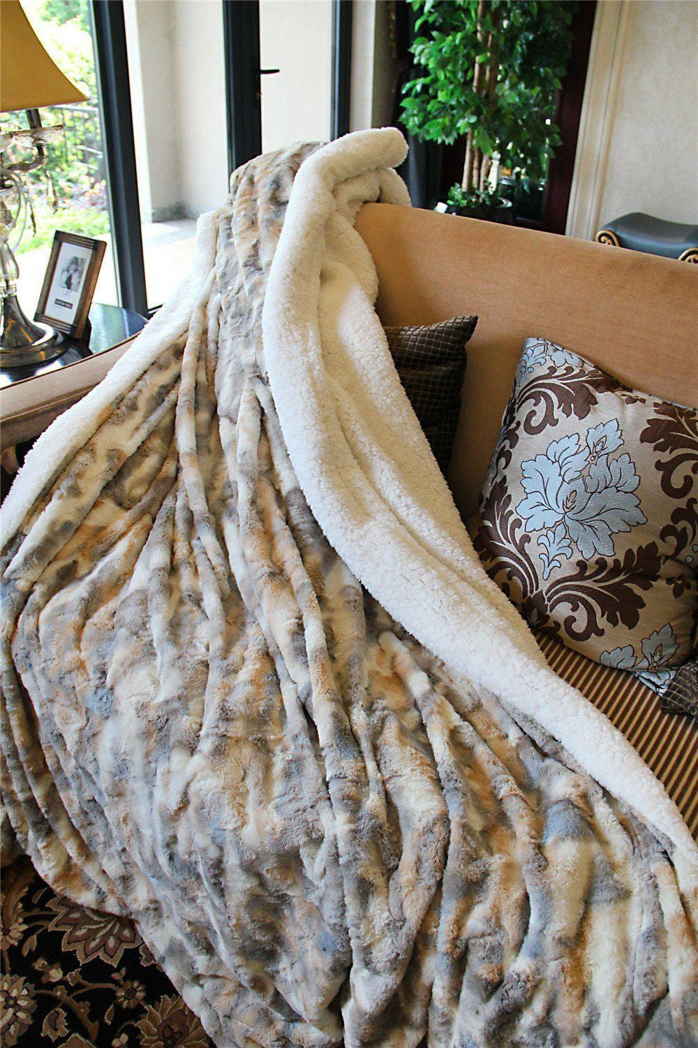 Elacy Russian Lynx Faux Fur Throw Blanket