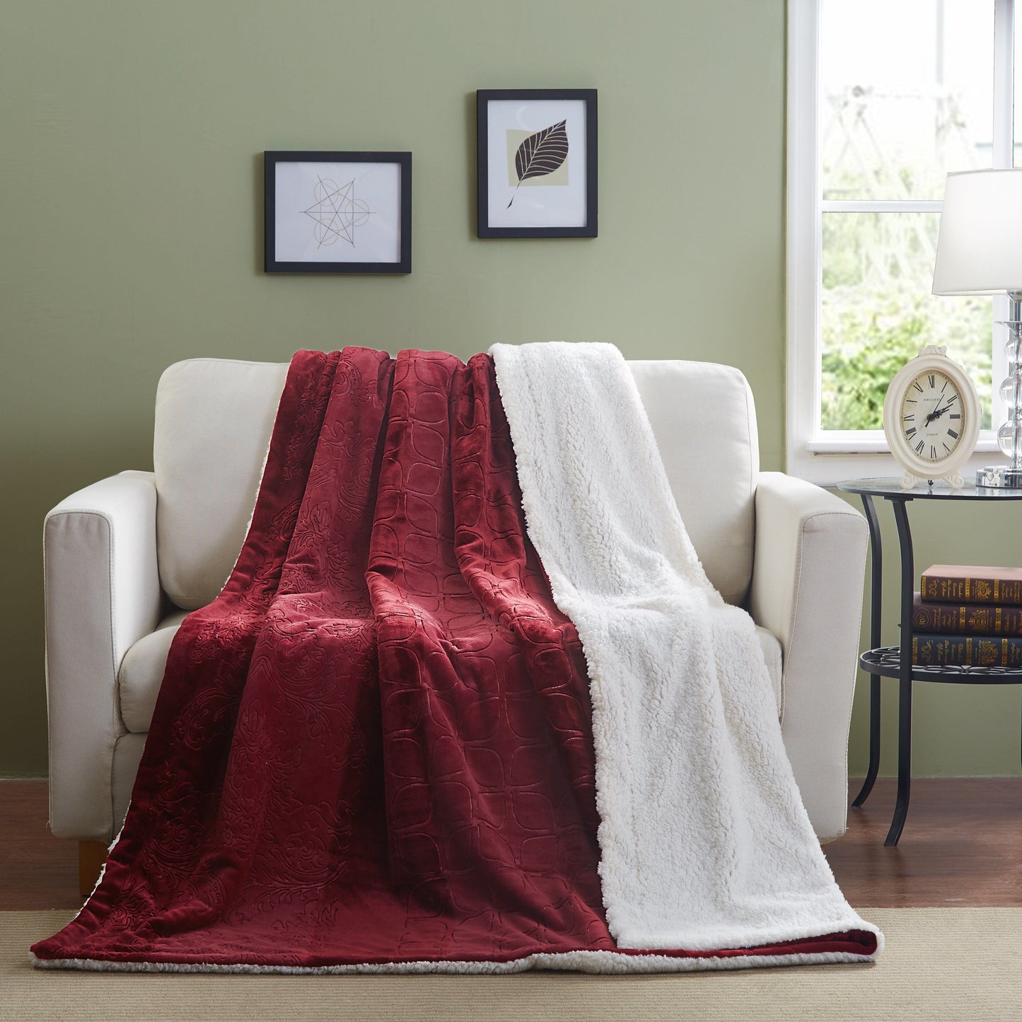 Tache Solid Embossed Merlot Red Reversible Sherpa Throw Blanket (62087)-5