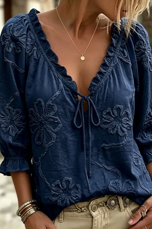 Embroidered Floral Tie-Front Blouse