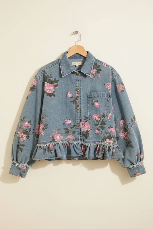 Blue floral ruffle-hem jacket on a wooden hanger