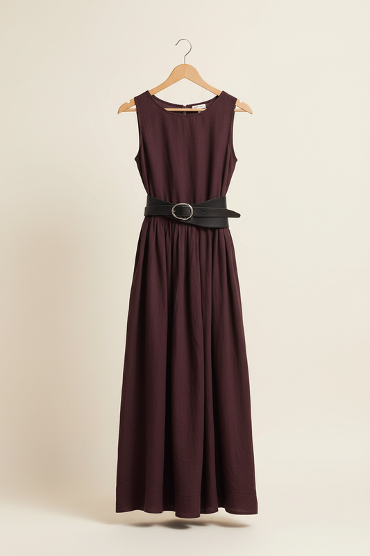 Burgundy belted maxi dress on a wooden hanger