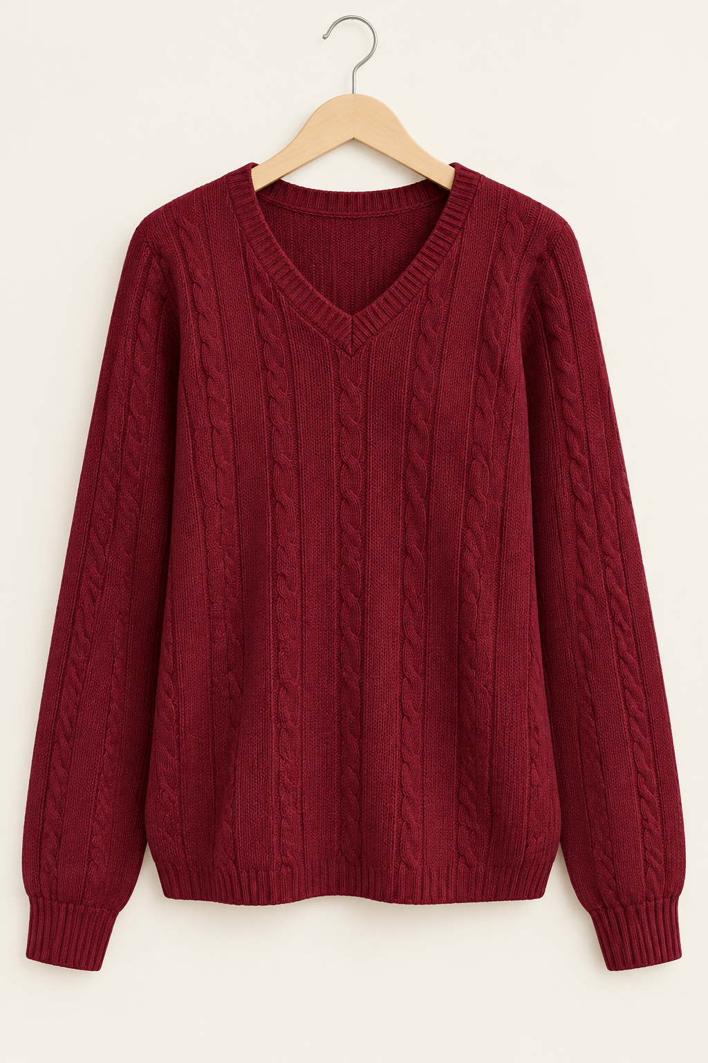 Ribbed Cable-Knit V-Neck Sweater