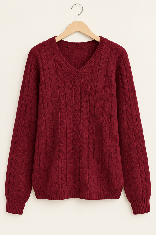 Ribbed Cable-Knit V-Neck Sweater
