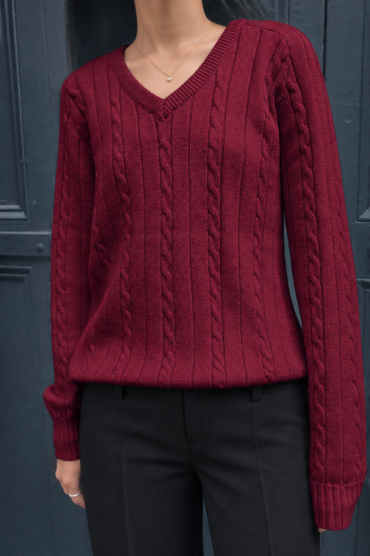 Ribbed Cable-Knit V-Neck Sweater
