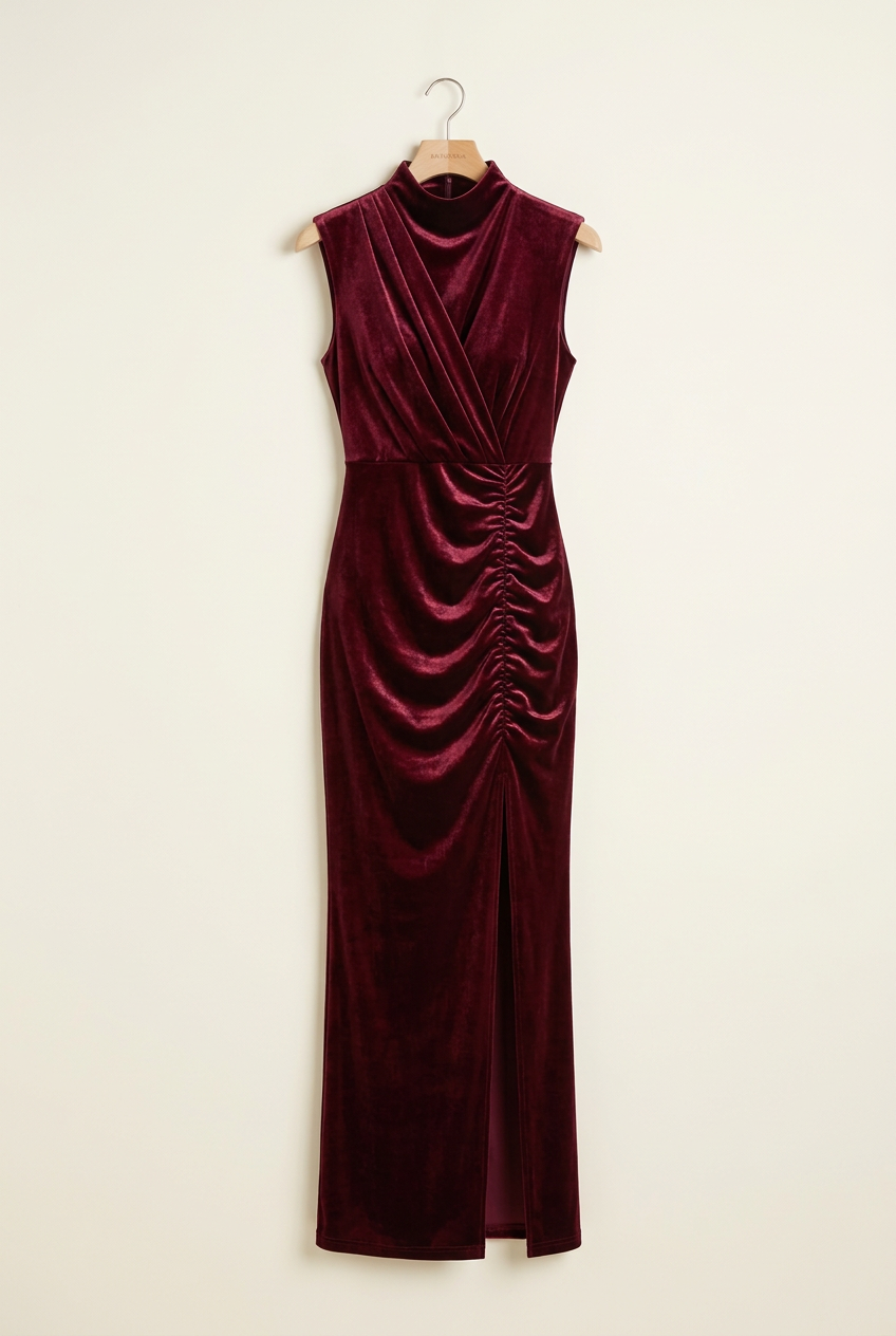 Burgundy Velvet Draped Slit Maxi Dress