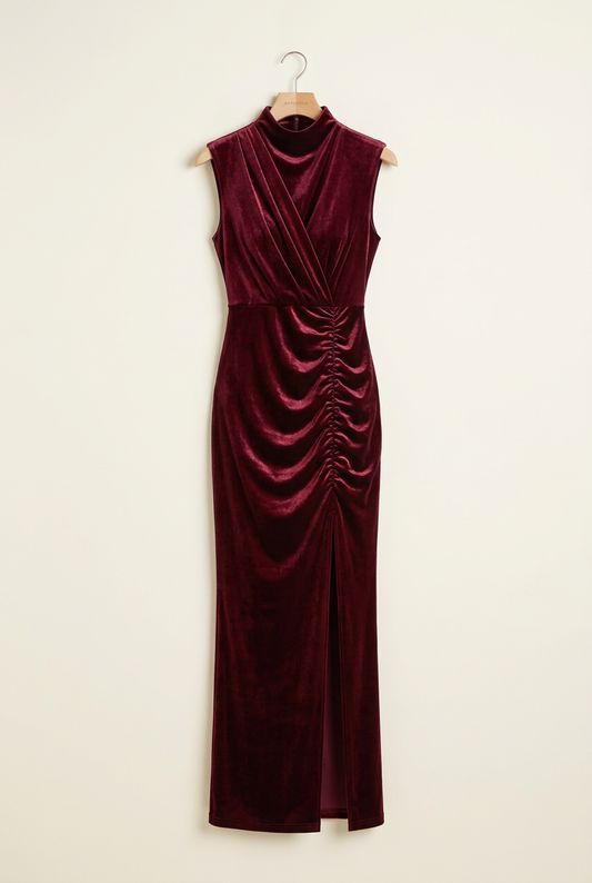 Burgundy Velvet Draped Slit Maxi Dress