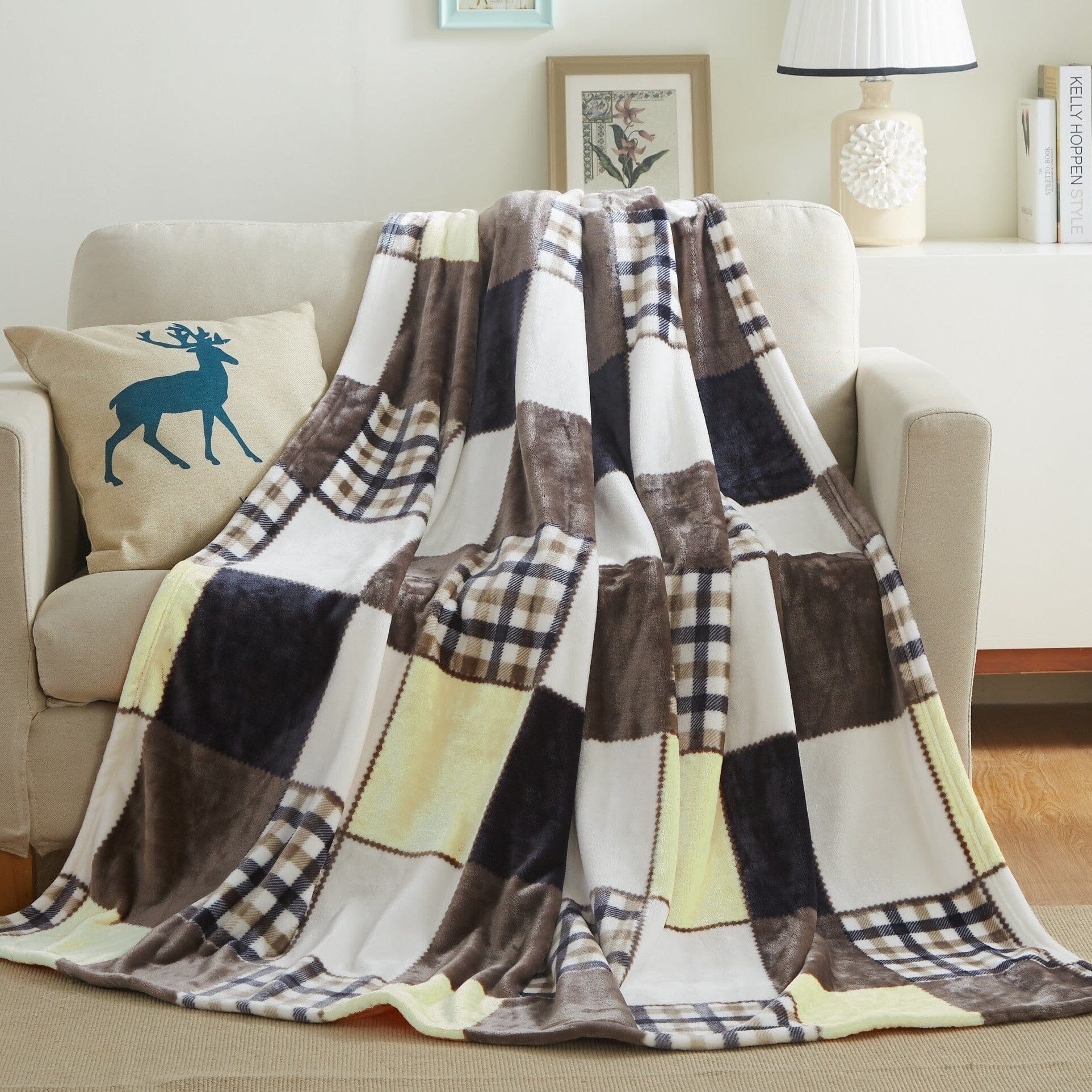 Tache Buttermilk Fall Yellow Brown Farmhouse Super Soft Plaid Patchwork Throw Blanket (4026)-1