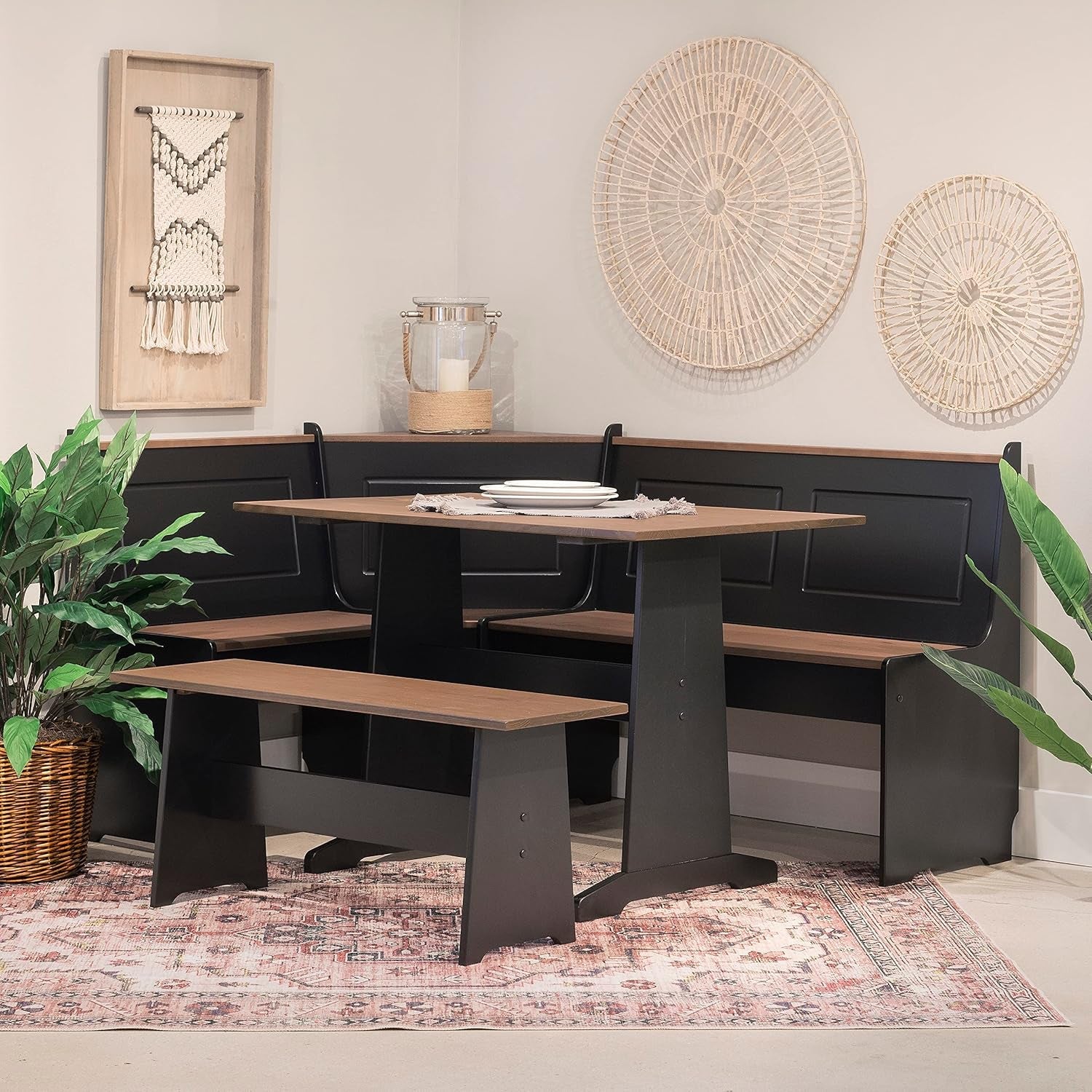 Black Pecan Five Seat Dining Set With Storage Benches-2