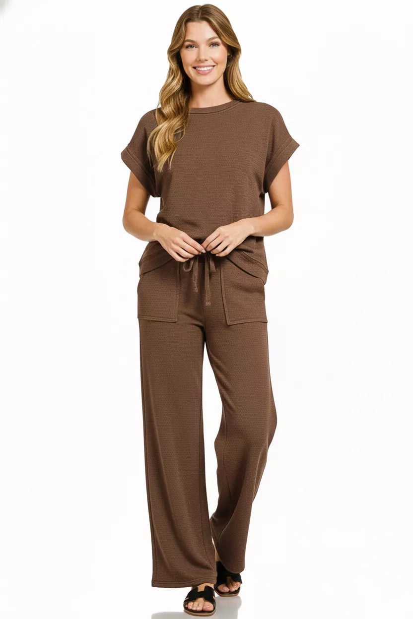 Brown Casual Cotton Slub Short Sleeve Matching Set