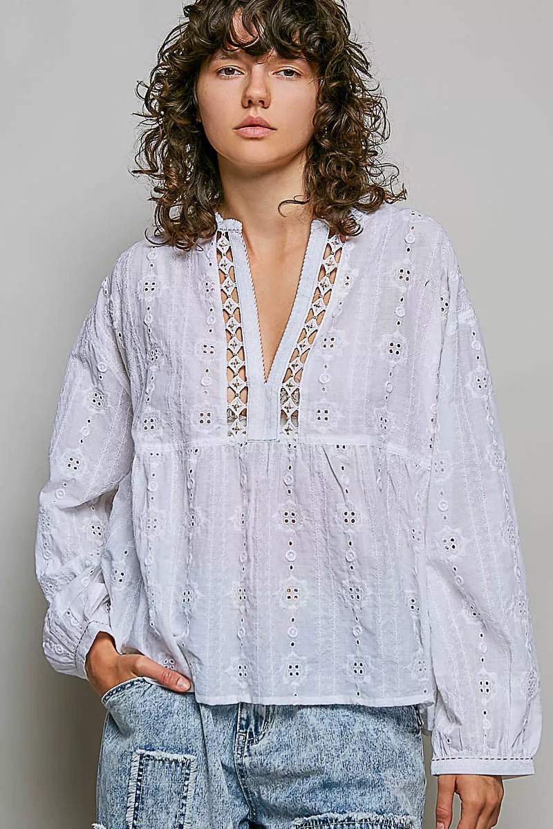 Lace Eyelet Long Sleeve Cotton Blouse-0