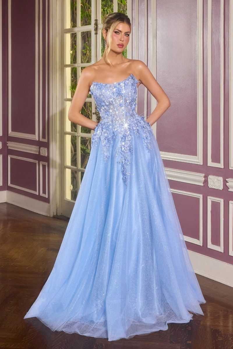 Floral Appliqué Scoop Neck Ball Gown with Shimmer Tulle Skirt