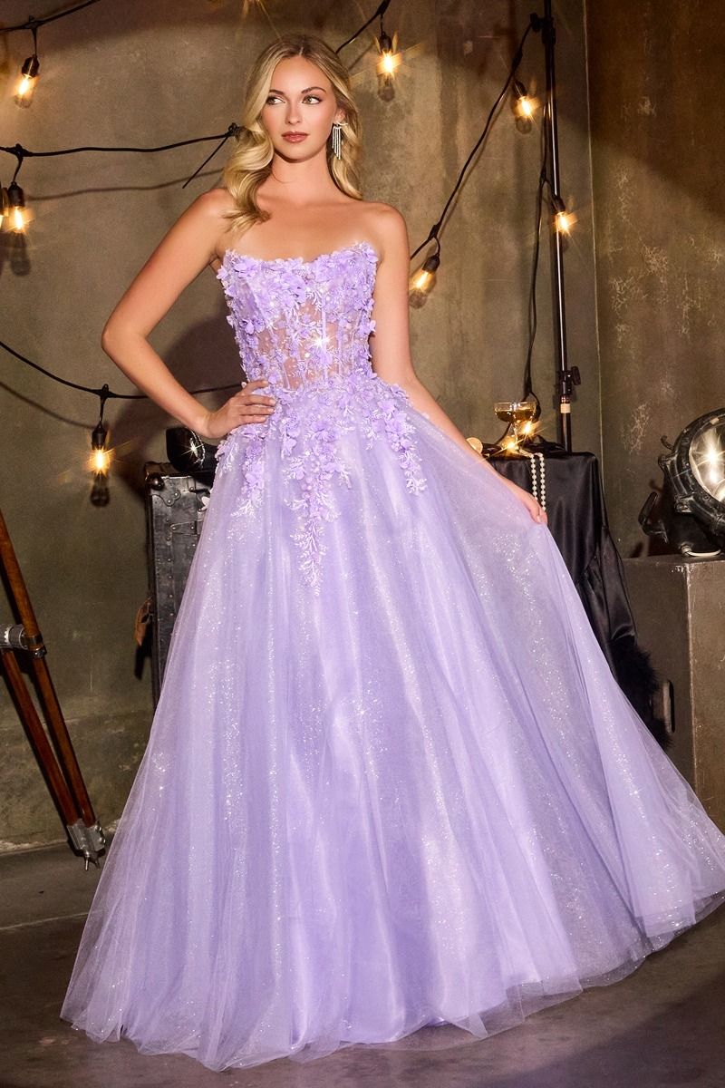 Floral Appliqué Scoop Neck Ball Gown with Shimmer Tulle Skirt