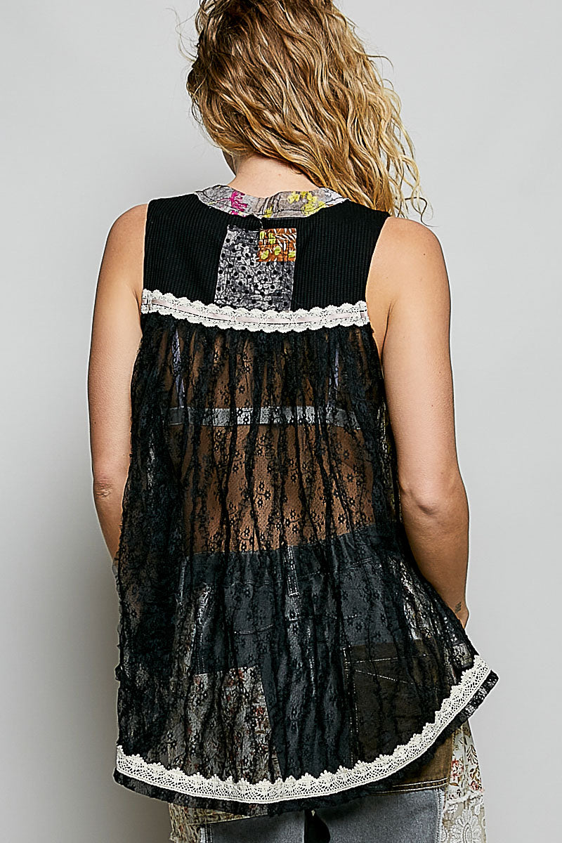 POL Floral V-Neck Sheer Tank with Lace Trim-3