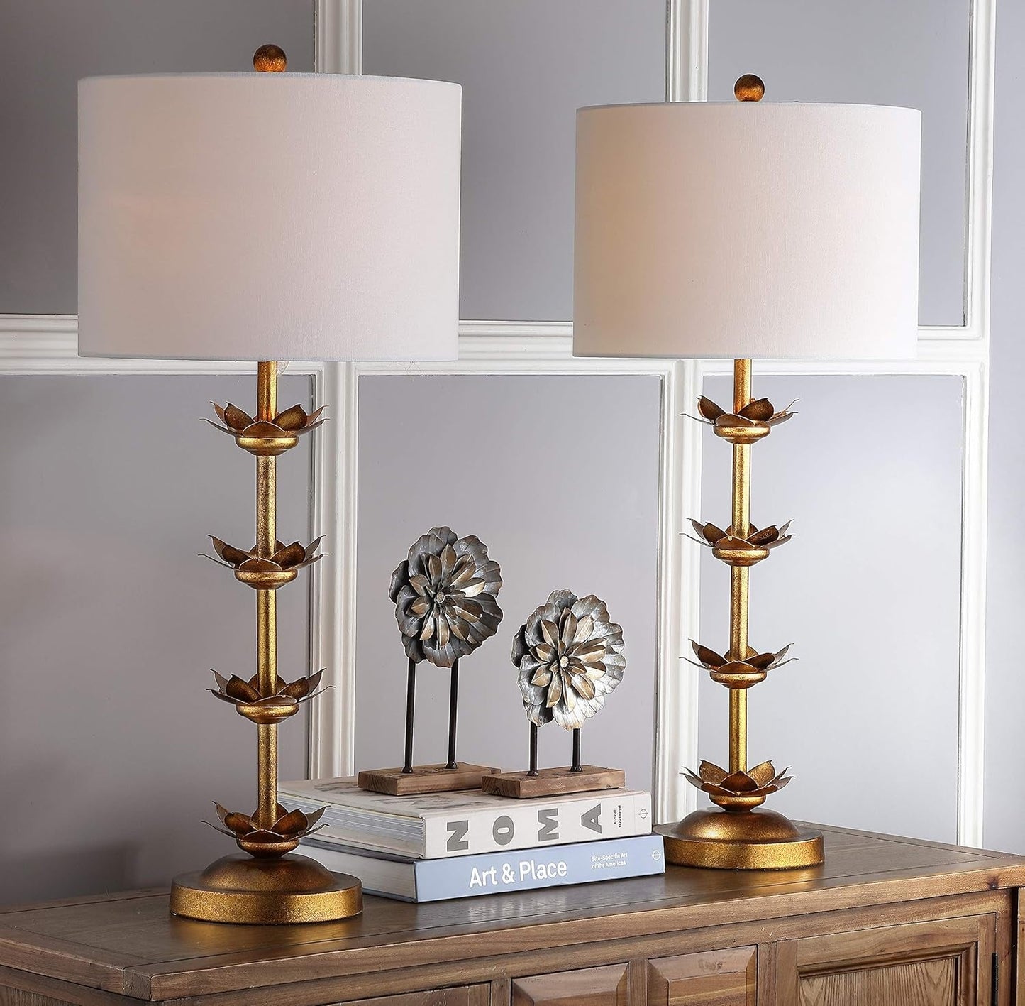 Antique Gold Leaf 32-Inch Table Lamps with White Drum Shade, Set of 2-4