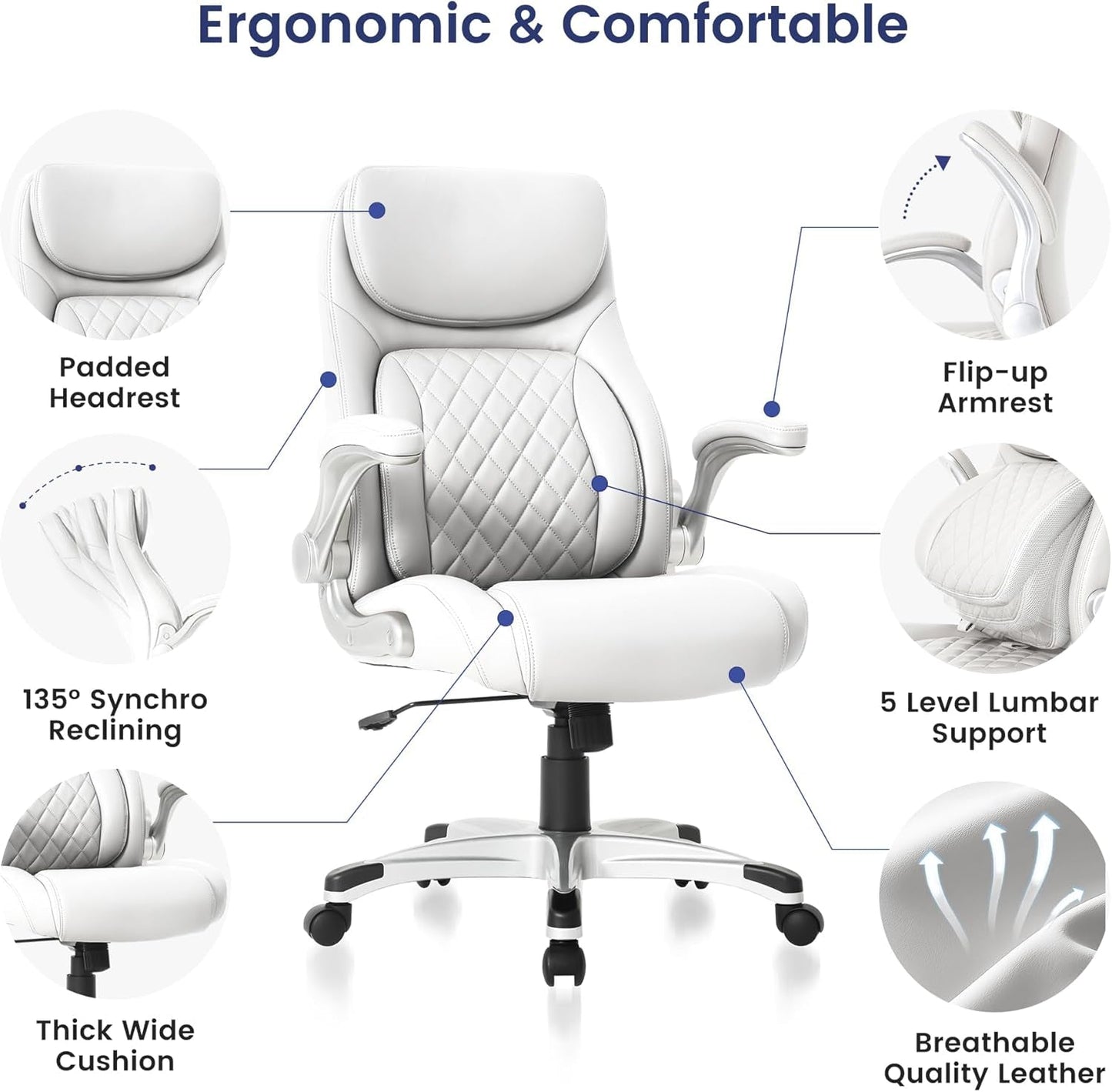 Ergonomic Office Chair With Adjustable Lumbar Support White-2