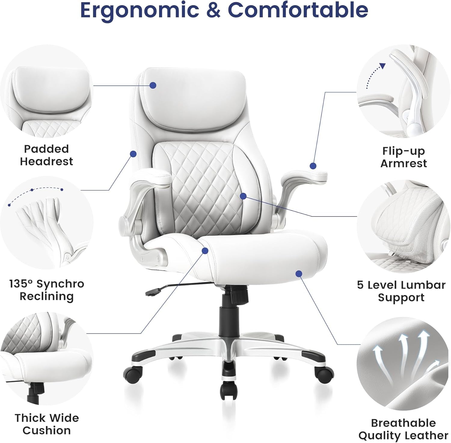 Ergonomic Office Chair With Adjustable Lumbar Support White-2