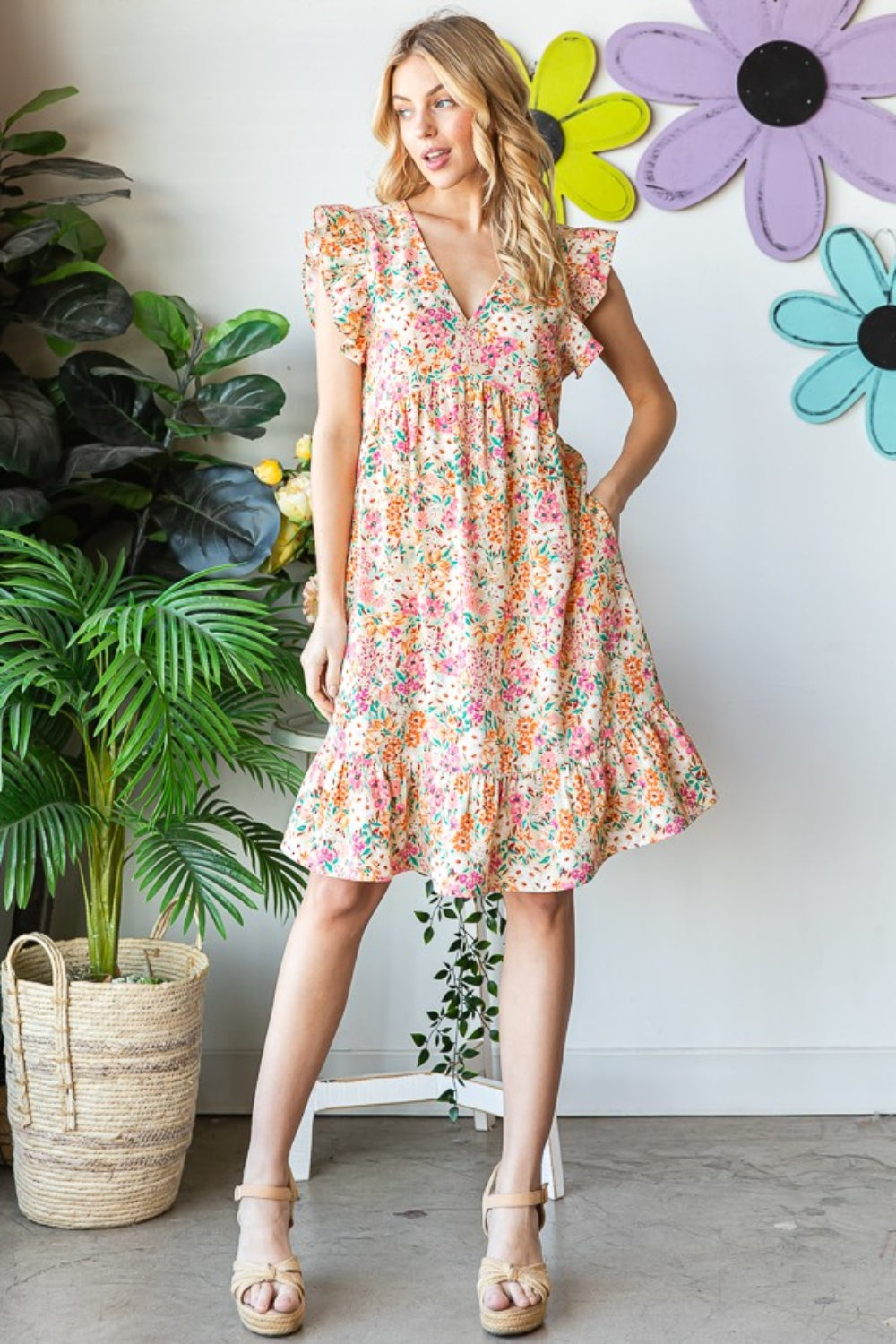 Sand Floral Ruffled V-Neck Dress | Extended Sizes