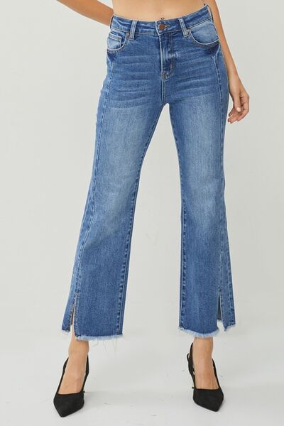 RISEN Dark Wash High Waist Raw Hem Straight Jeans